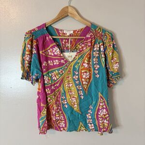 Haute Hippie NEW Top Paisley Floral Short Sleeve Shirt Womens Boho Sz Medium
